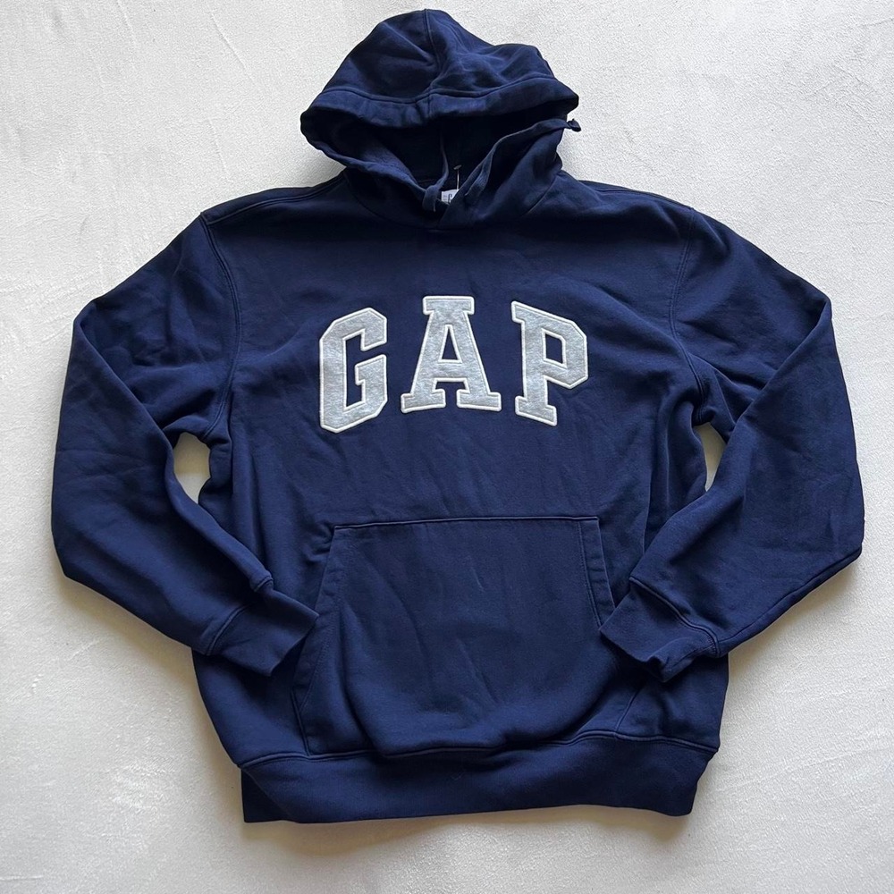 Gap Logo Hoodie Navy Blue Gray Lettering Arched y2k 2000s Designer Popular